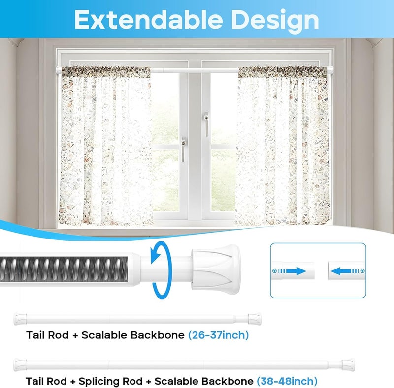 ZipGlo Tension Curtain Rod 28-48 inch Small Tension Rods White Adjustable Spring Tension Curtain Rods 2PCS Mini Curtain Rod Short for Cupboard Closet Rod Kitchen Drawers No Drill Cupboard Cabinets - Image 3